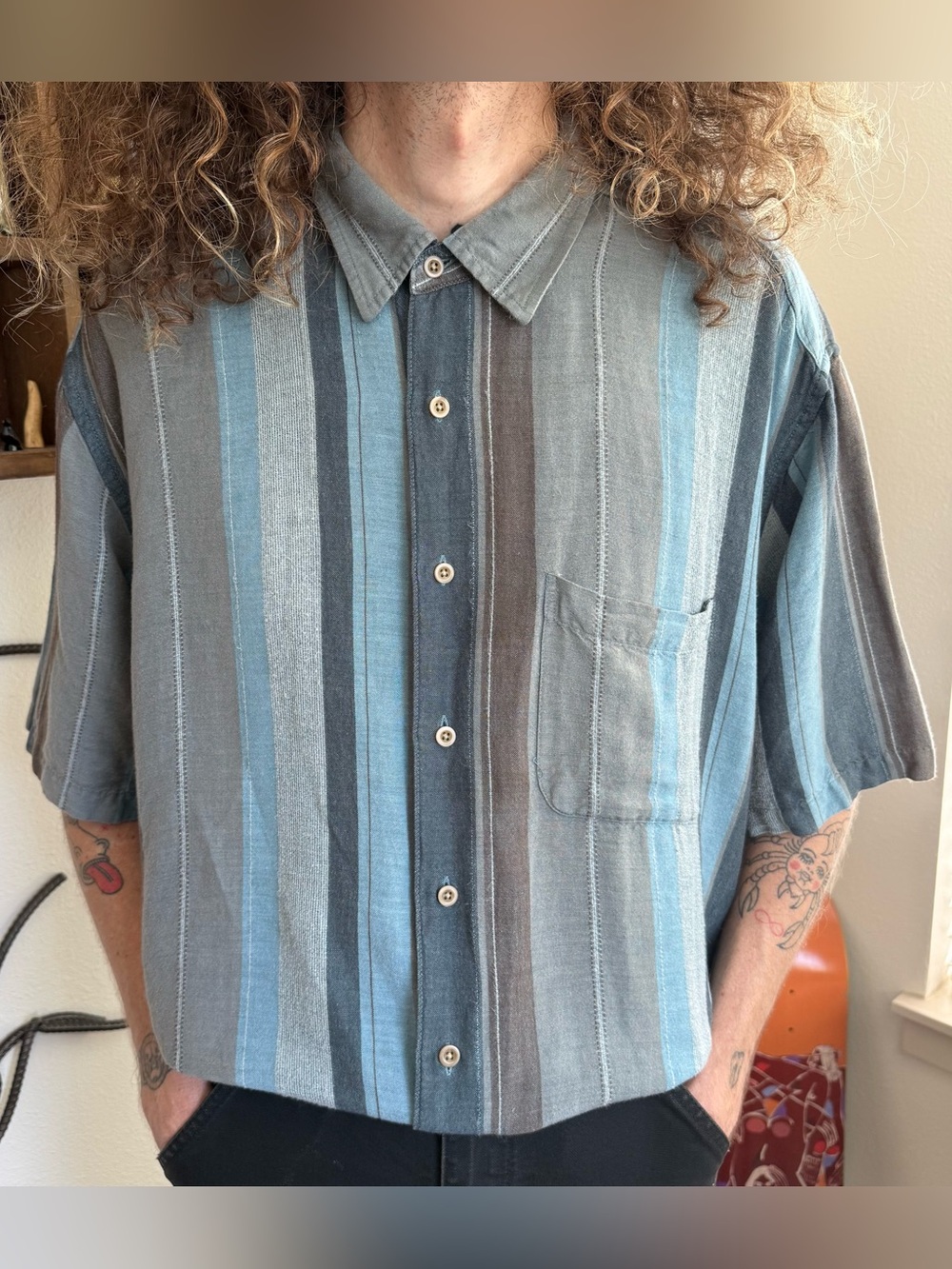 Vintage 90s 2000s Linen Earthy Striped S/S Button Down Shirt ~ Size XL